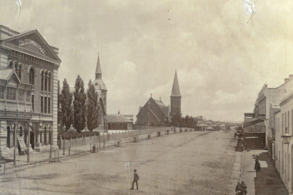 1891 - View of Howick Street including the School of Arts Hall, Superior School and St Stephen's