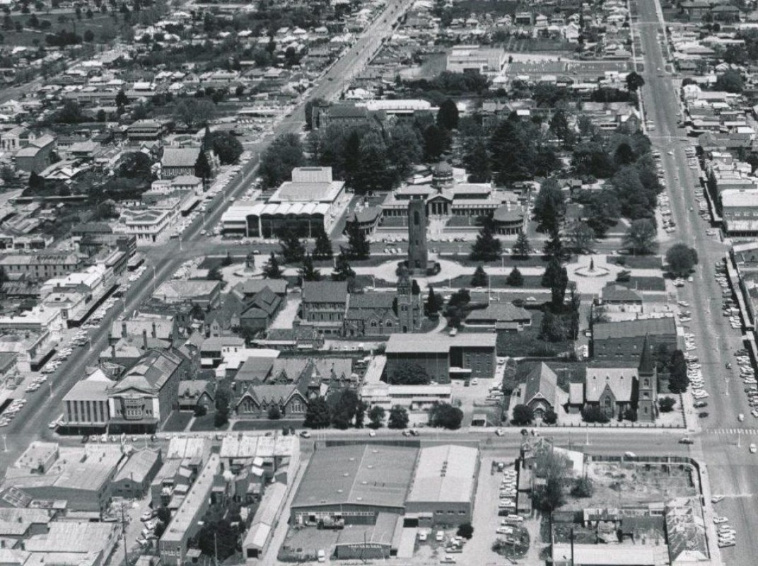 Aerial view of central Bathurst, including the Town Square, taken in the early 1960s