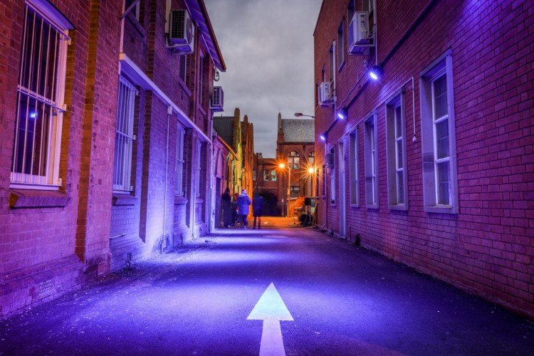 2016 – Illuminated buildings Ribbon Gang Lane looking towards TAFE building