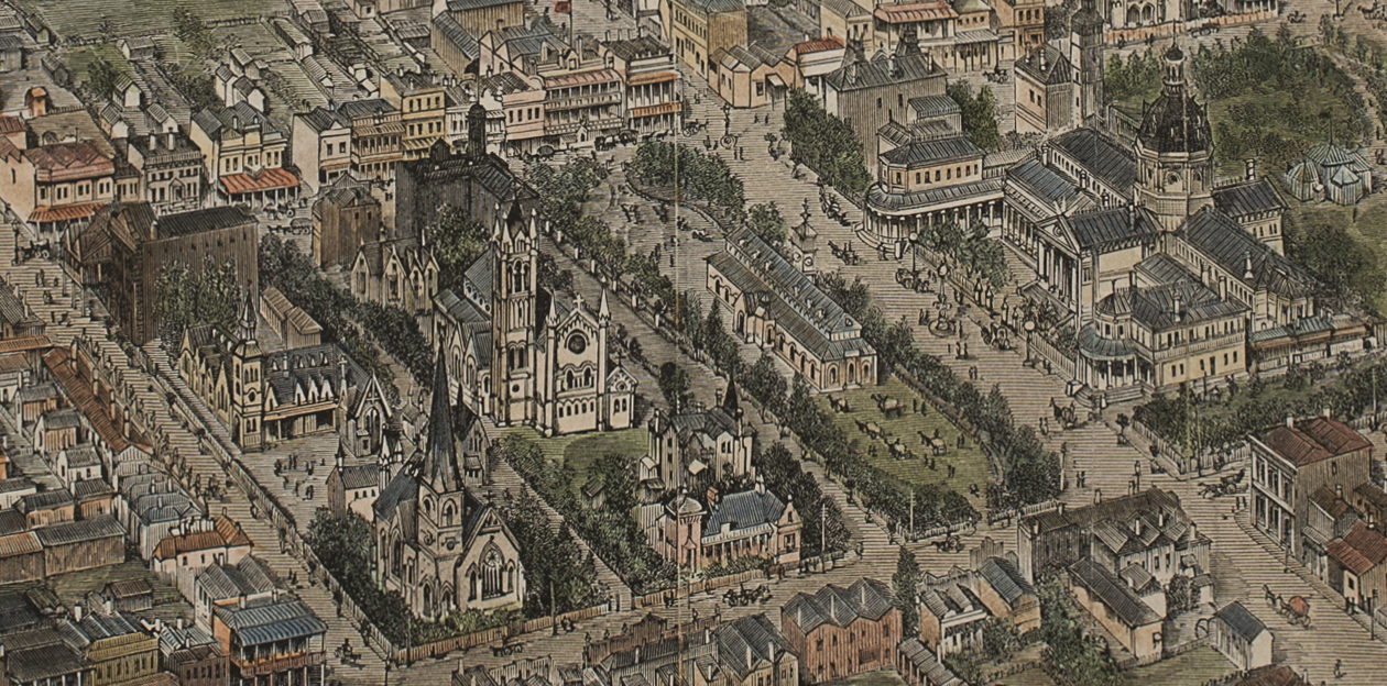 1891 - Hand coloured engraving of aerial view of Bathurst – A.C. Cooke & George Collingridge (Collection of Dr Ken Neale)